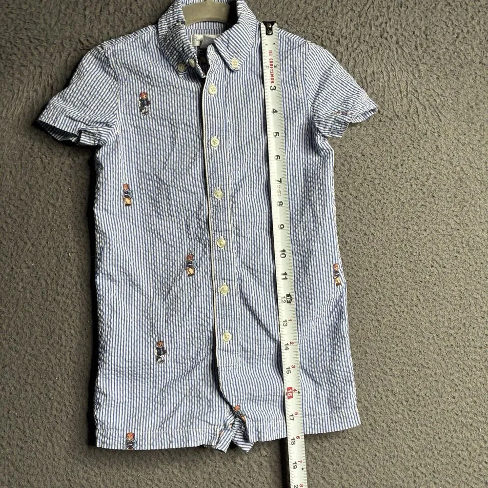 Ralph Lauren Polo Bear One-Piece Romper Seersucker Short Sleeve Baby Size 12M